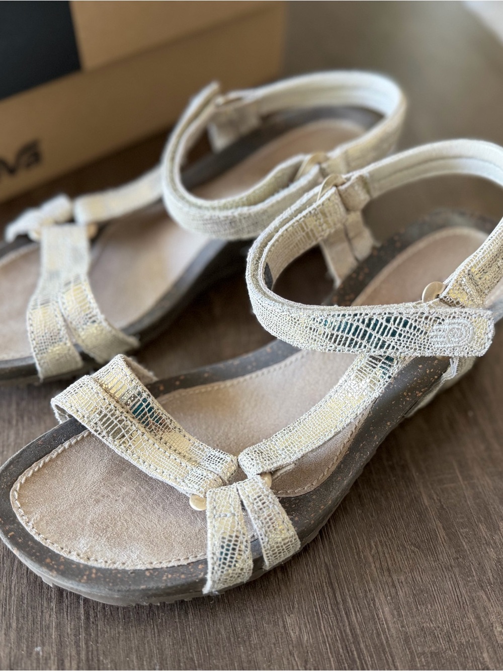 Teva Women's Soft Gold Metallic Strap Wedge Sandals, size 8 wide